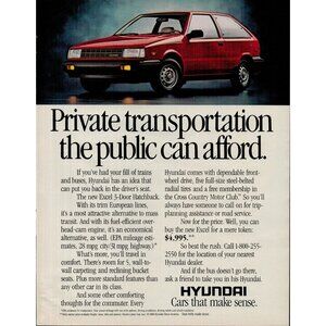 1987 Hyundai Excel 3-Door Hatchback Automobile Vintage Print Ad (L18)
